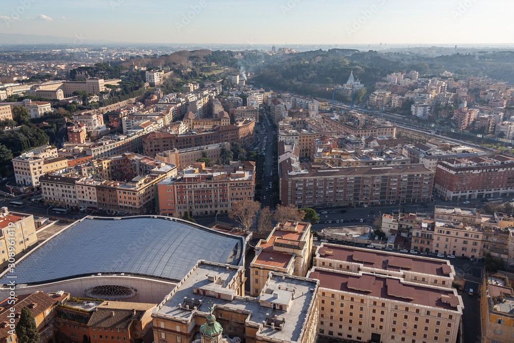Aerial view of old city Rome from a dome of Saint Peter's Cathedral, Italy