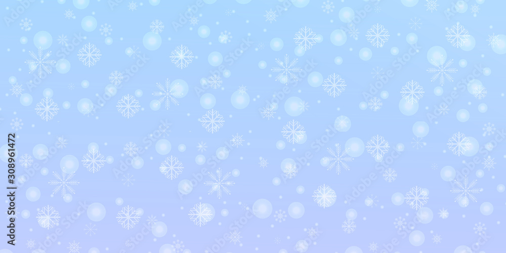 White snowflakes on a beautiful blue gradient with flickering highlights. Winter illustration of snowflakes.