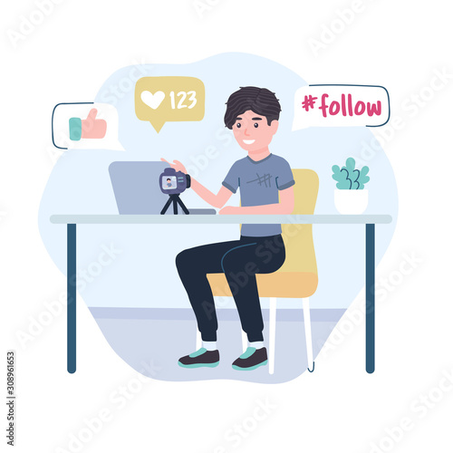 Blogger Young men. Vlogging cartoon character. Online streaming video blog. Posting on social media