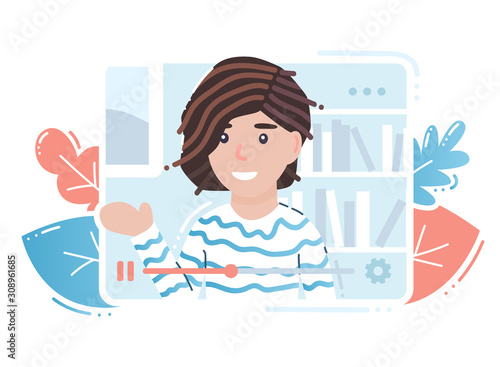 Blogger girl. Vlogging cartoon character. Online streaming video blog. Posting on social media