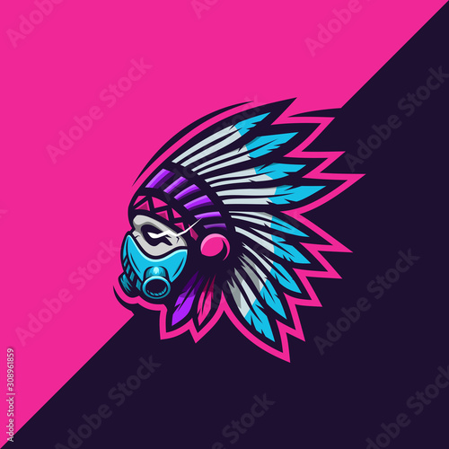 Indian tribe gas mask sport e-sport mascot gaming team logo vector premium