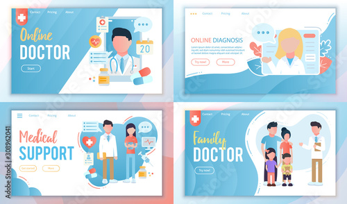 Doctor online consultation set. For medical landing page, diagnosis technology. Family doctor