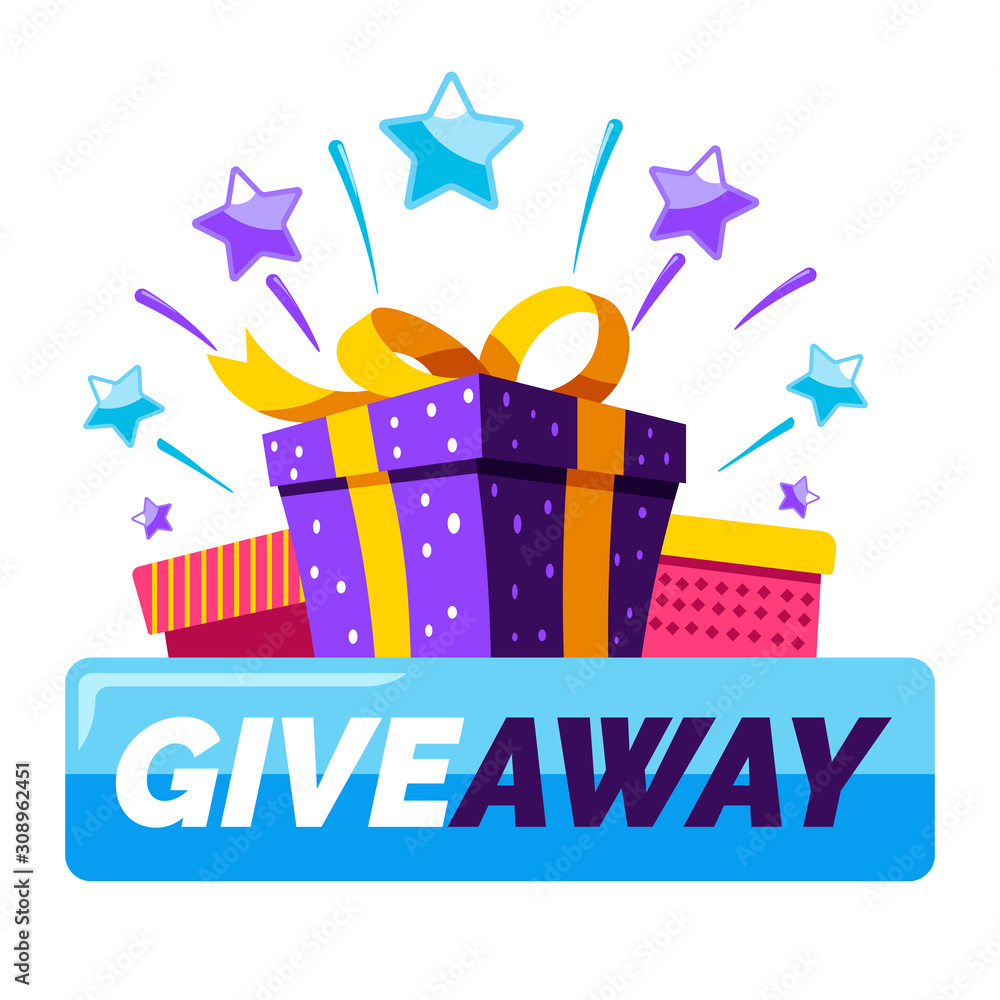 Giveaway banner template of gift boxes and button with text