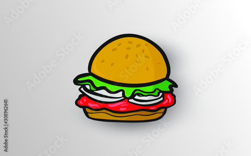 Cartoon tasty big hamburger with cheese and sesame seeds isolated on white background. Vector sticker icon.