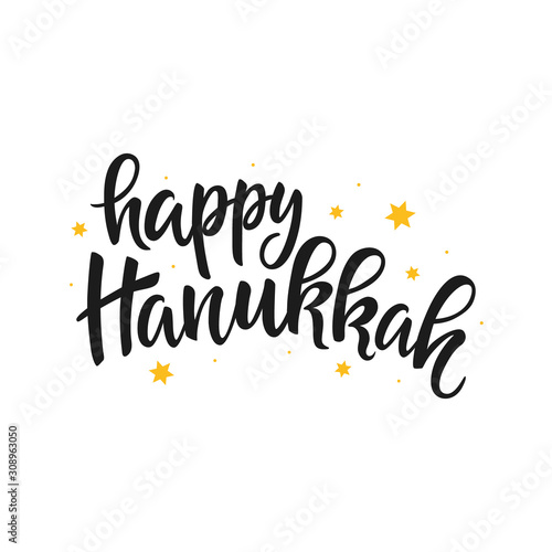 Happy Hanukkah holiday script lettering inscription isolated on white background. Calligraphy for Hanukkah card, banner.