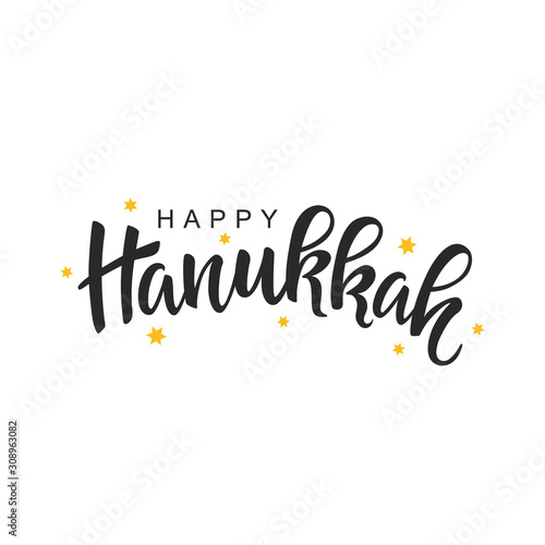 Happy Hanukkah holiday script lettering inscription isolated on white background. Calligraphy for Hanukkah card, banner.