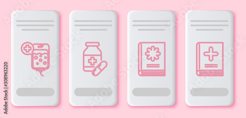 Set line IV bag, Medicine bottle and pills, Medical book and Medical book. White rectangle button. Vector