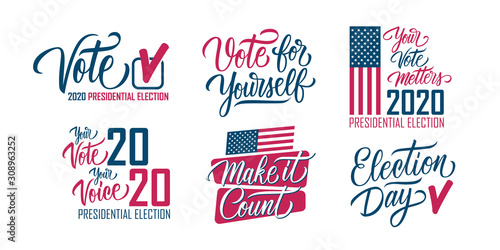 USA Presidential Election 2020 set. United States Elections hand lettering collection. Vector Illustration.