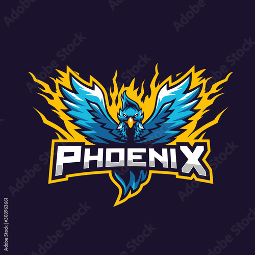 Phoenix blue sport e-sport mascot gaming logo template