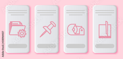 Set line Folder settings with gears, Push pin, Scotch and File document. White rectangle button. Vector