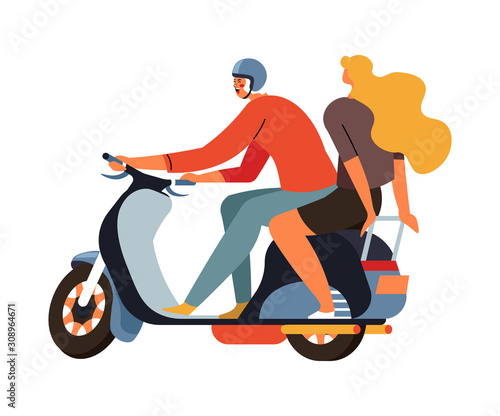 Young man riding scooter motorcycle with blond woman passenger