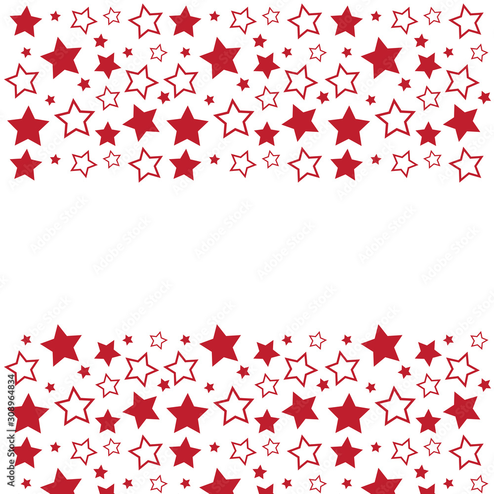 Frame with blank space for text. Border of red stars. white background. Vector for Christmas and New Year greeting card, banner, invitation, packaging design, illustration pattern