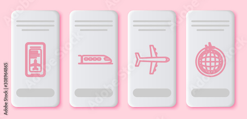 Set line Smartphone with electronic boarding pass airline ticket, Train, Plane and Globe with flying plane. White rectangle button. Vector