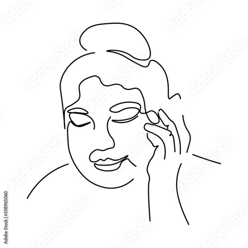 Continuous lines sketch of woman looking down with hair up