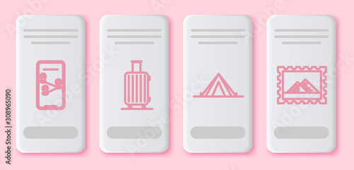 Set line Infographic of city map navigation, Suitcase for travel, Tourist tent and Postal stamp and Egypt pyramids. White rectangle button. Vector