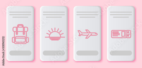 Set line Hiking backpack, Sunset, Plane and Travel ticket. White rectangle button. Vector