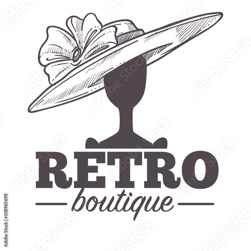 Retro boutique logo with vintage hat on mannequin head