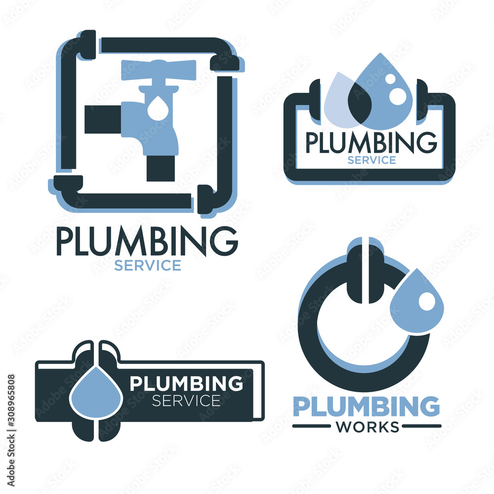 Obraz premium Plumbing service logo set with pipes and water droplet