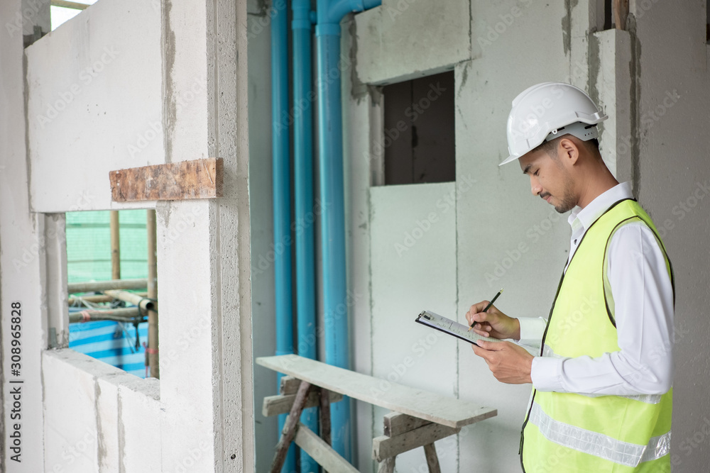 Engineer checking defect in construction site about line of soil and
