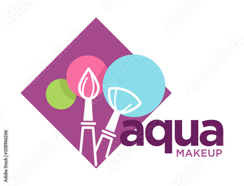Aqua makeup logo with cosmetic brushes and round color patches
