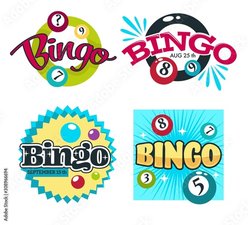Bingo game logo set with numbered colourful balls and text