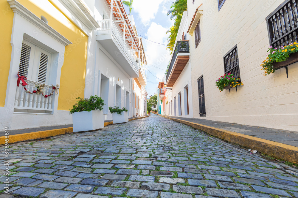 Colorful photo of Old San Juan Street in Puerto Rico.