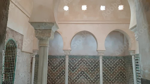 Comares Bath or Central room of bath in Alhambra, Granada. Zoom out Tilt up