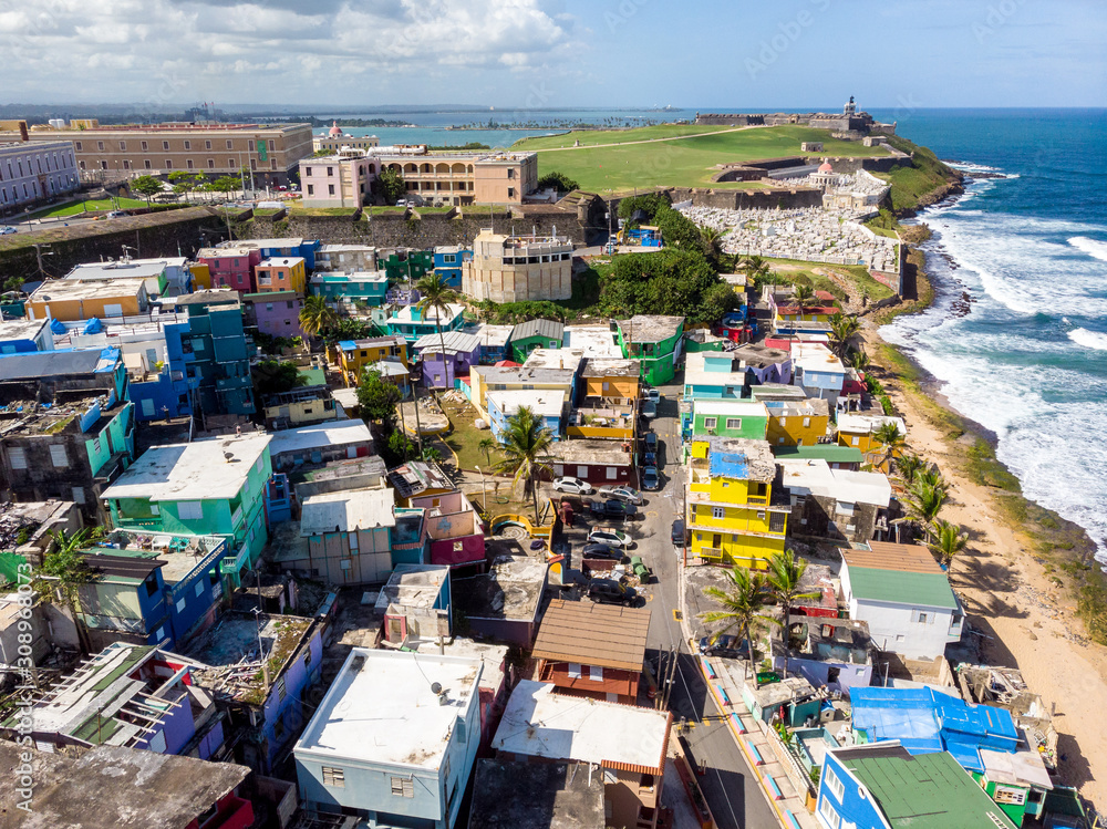 Fototapeta premium Aerial Drone Photo of La Perla in Old San Juan Puerto Rico