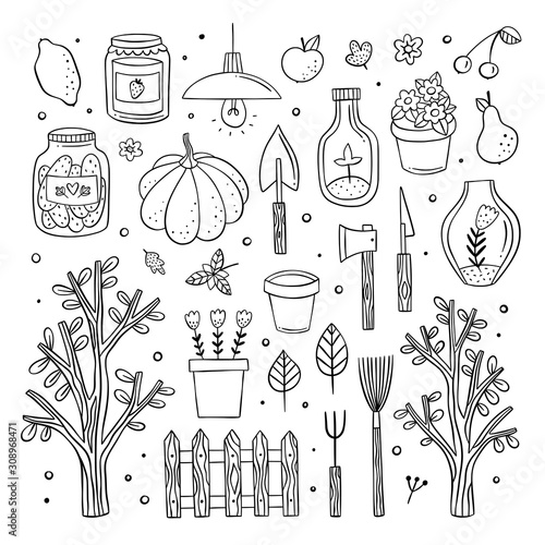 Hand drawn garden outline elements. Vector illustrations with agricultural objects, vegetables and fruits on white background