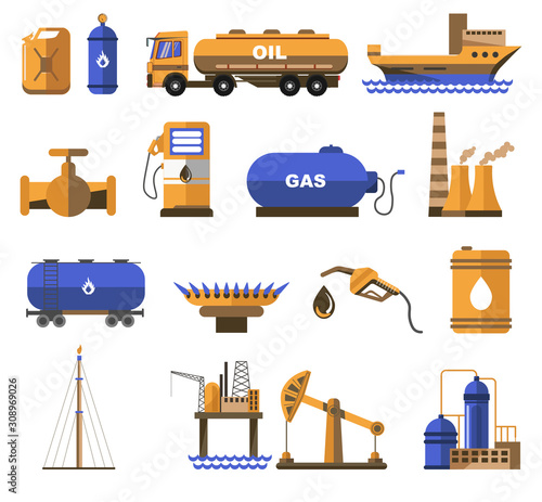 Natural gas and oil industry icons with petroleum transportation