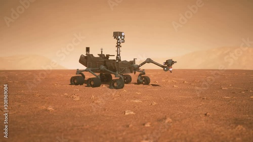 A Rover during a dust storm on the red planet. Highly detailed 3D animation of the Curiosity Rover on Mars. photo