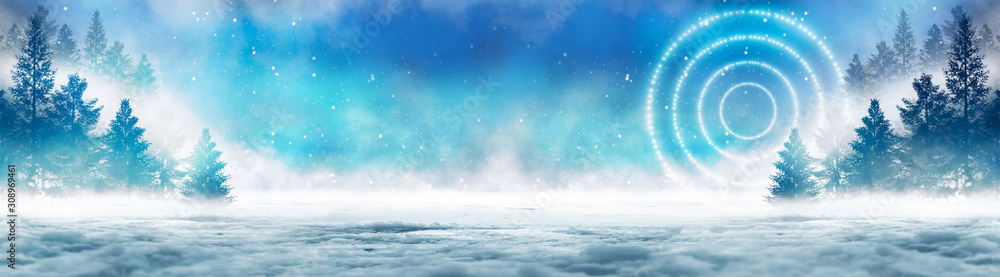 Dark winter forest background at night. Snow, fog, moonlight. Neon figure in the center. Dark neon night background in the forest with moonlight. Night view, magic Dark winter forest background at night. Snow, fog, moonlight. Neon figure in the center. Dark neon night background in the forest with moonlight. Night view, magic