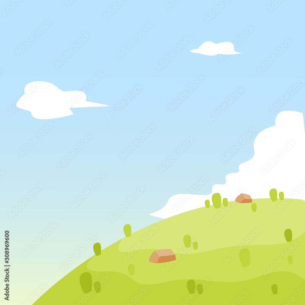 nature landscape background, cute flat design, vector illustration. Flat Summer Mountains landscape with green hills and grass
