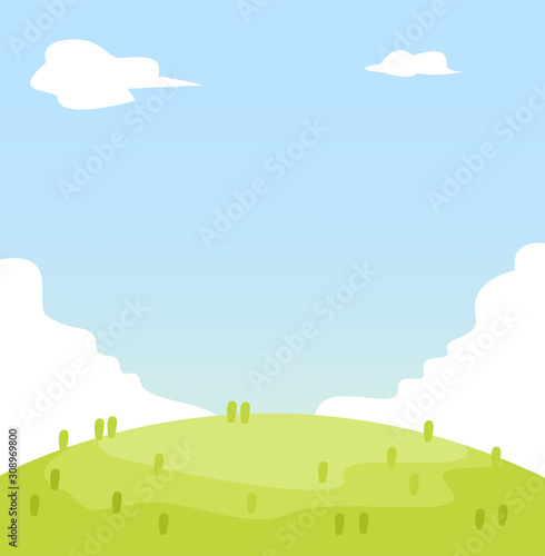 nature landscape background, cute flat design, vector illustration. Flat Summer Mountains landscape with green hills and grass