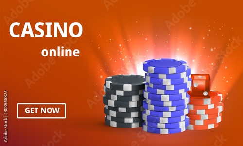 Casino online banner with dice and chips on red background. Vector illustration concept.