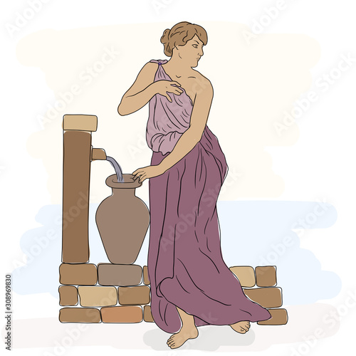 An ancient Greek woman stands near a stone parapet and draws water into a jug.