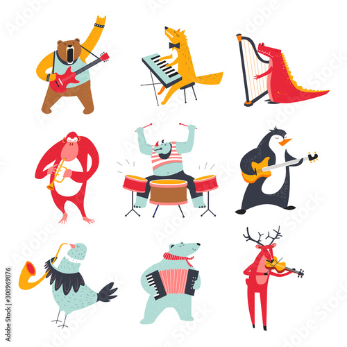Cute animals playing various music instruments at zoo concert set