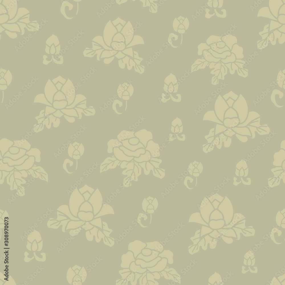 Vector Green Flowers Silhouettes on a Sage Green Background. Background for textiles, cards, manufacturing, wallpapers, print, gift wrap and scrapbooking.