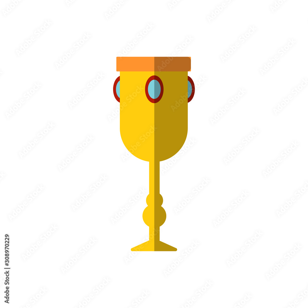 Fototapeta premium Vector illustration of chalice with gemstones. Flat icon of cup, goblet isolated on white background. Winner price, golden flat goblet. Golden trophy cup with blank golden plate. Winners trophy icon