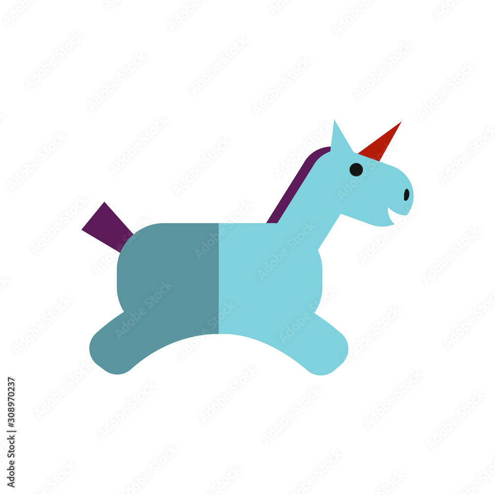 Fototapeta premium Vector flat illustration of magical unicorn. Simple unicorn icon for kids party, game app. Blue unicorn isolated on white background