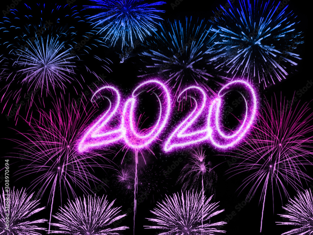 celebrating new year 2020, illustration with glowing 2020 text and fireworks