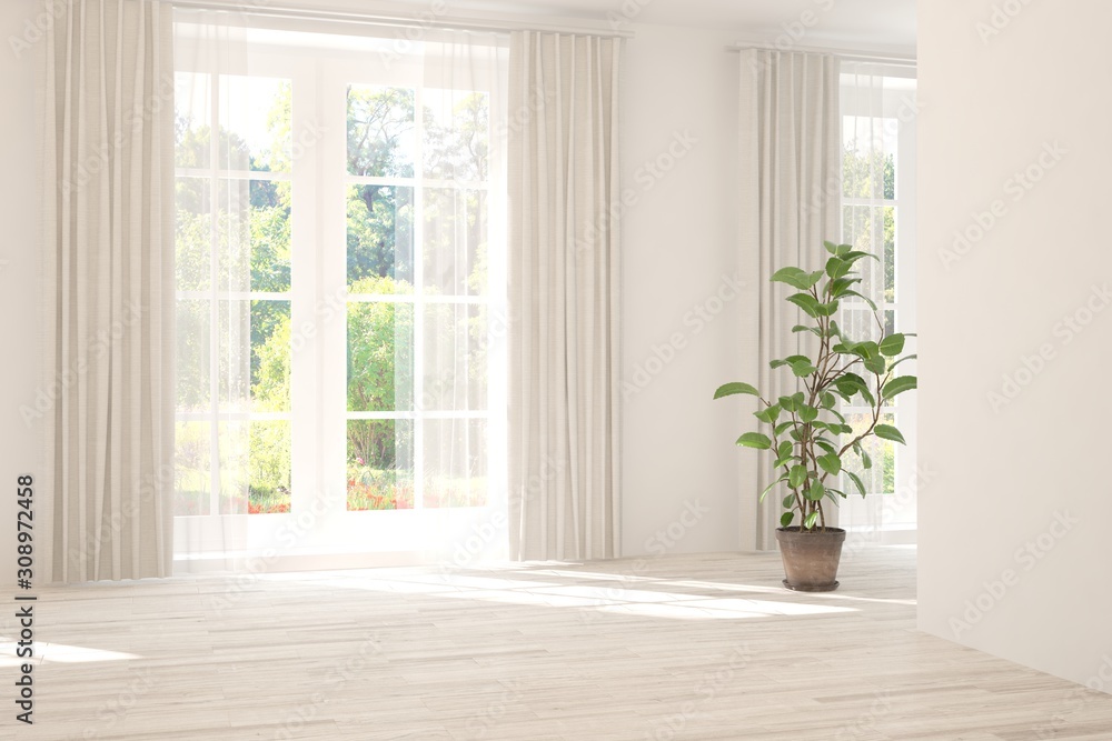Stylish empty room in white color with summer landscape in window. Scandinavian interior design. 3D illustration Stylish empty room in white color with summer landscape in window. Scandinavian interior design. 3D illustration