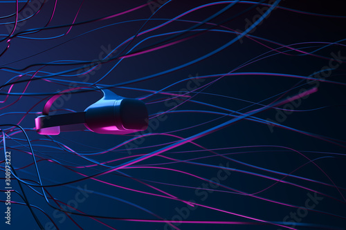Abstract background made of black wires with vr goggles on the left side with blue and pink light. Virtual and Immersive reality concept. photo