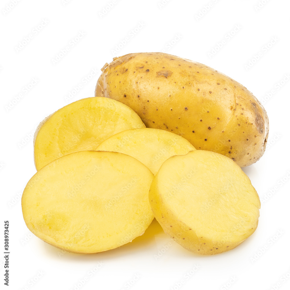 Fresh potato or potato slices (Solanum tuberosum) isolated on white background