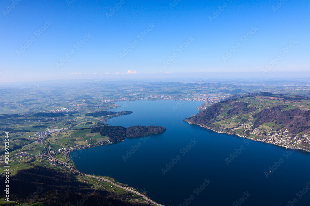 Panorama view of Rigi mountain in blue sky. Lake Lucern, Switzerland