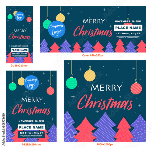 Merry Christmas a4 DL cover Flyer Banner poster template vector illustration offer holiday greeting card pack set