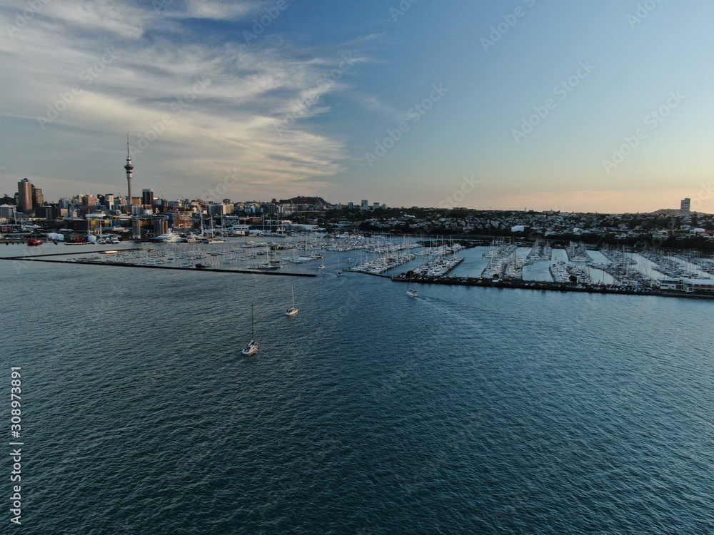 Westhaven, Auckland / New Zealand - December 11, 2019: The beautiful scene surrounding the St Marys Bay and Westhaven area, with the Auckland Landmark Bridge behind it.