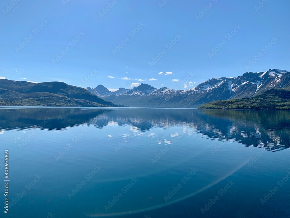 Reflections of mountains in the fjord, ⁨Halsa⁩, ⁨Nordland⁩, ⁨Norway⁩