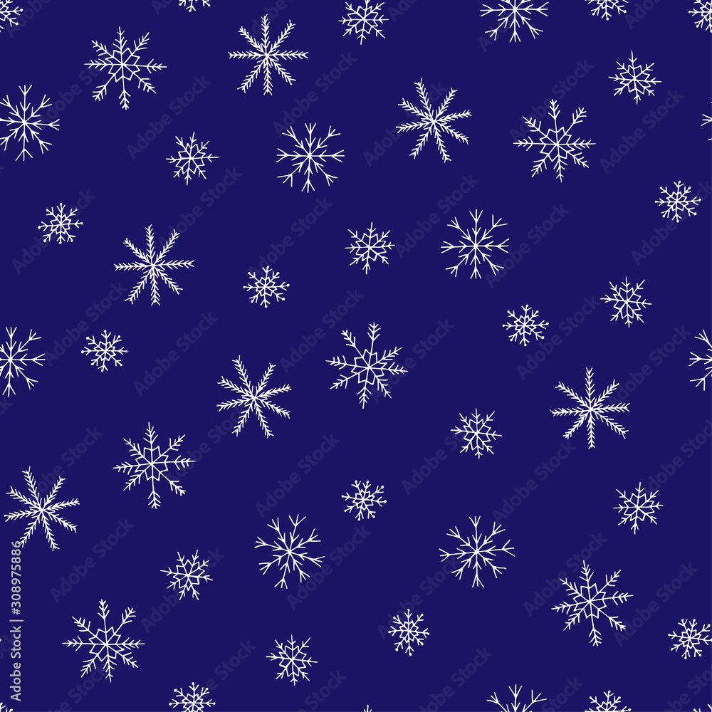 Seamless pattern on a dark background. Pattern of white snowflakes on a blue sky. Winter pattern for design. Seamless pattern on a dark background. Pattern of white snowflakes on a blue sky. Winter pattern for design.