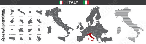 set of vector maps of Italy on white background
